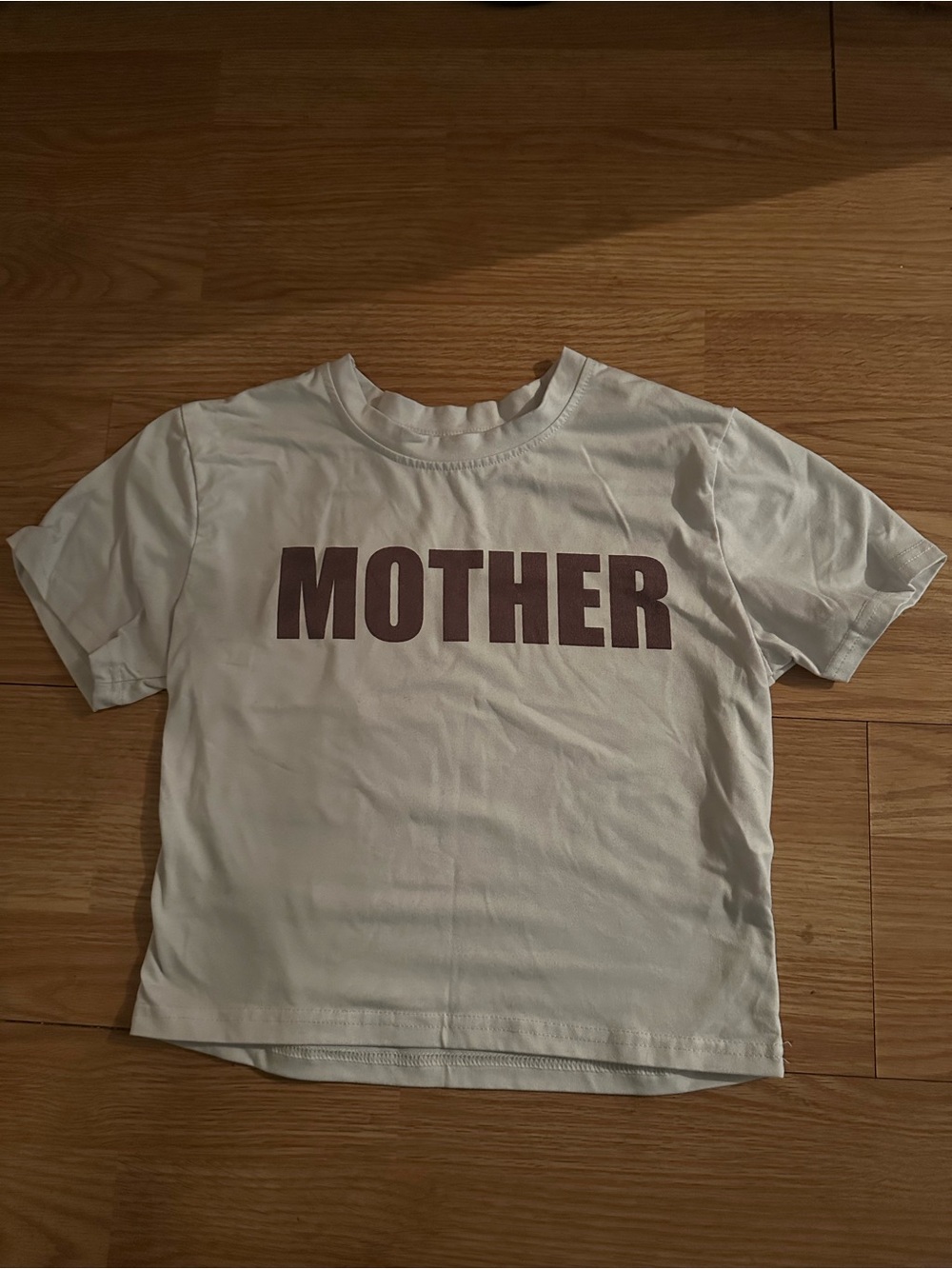Women's White Crop Tee with Brown 'MOTHER' Chest Print